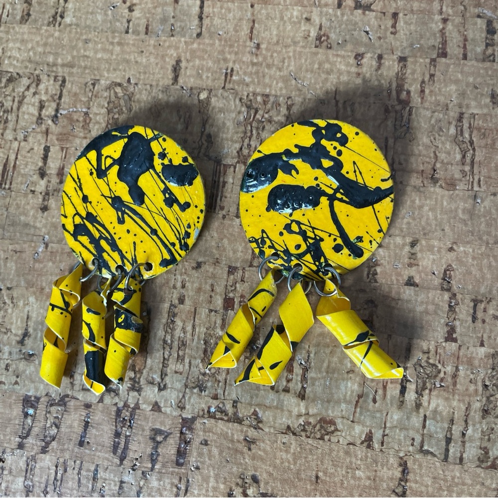 VTG 80s Clip On Statement Earrings Splatter Costume Jewelry 80s-90s, Yellow